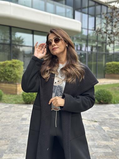 Siyah Nubuk İçi Teddy Cepli Kadın Kaban