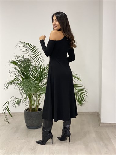 Siyah Omuz Detay Örme Balıkçı Yaka Kadın Elbise