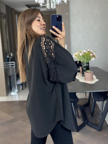 Siyah Omuzları Dantel Aerobin Kadın Gömlek