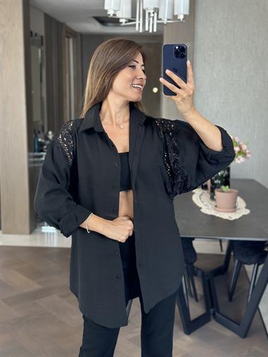 Siyah Omuzları Dantel Aerobin Kadın Gömlek