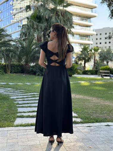 Siyah Omuzları Lastikli Arkası Dekolteli Yırtmaçlı Midi Boy Kadın Elbise 