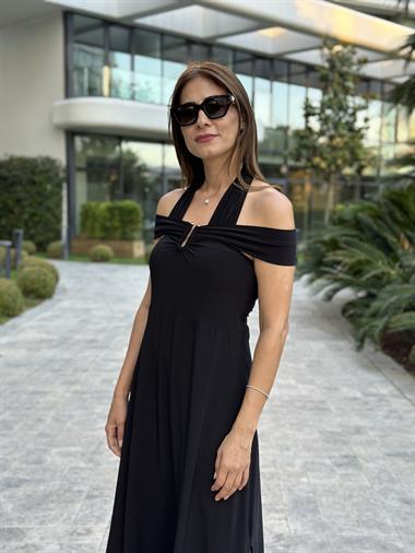 Siyah Omzu Bant Detay Sandy Kumaş  Kadın Elbise