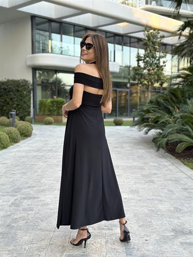 Siyah Omzu Bant Detay Sandy Kumaş  Kadın Elbise