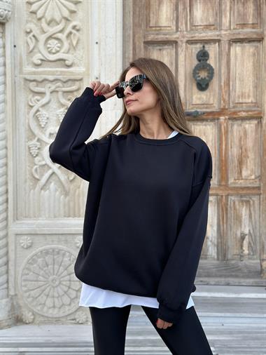 Siyah Omzu Dikiş Detay Bisiklet Yaka Şardonlu Kadın Sweatshirt