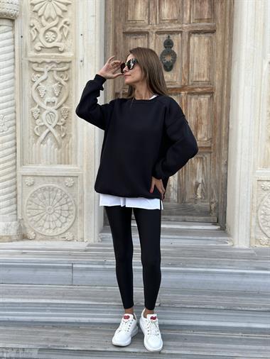 Siyah Omzu Dikiş Detay Bisiklet Yaka Şardonlu Kadın Sweatshirt