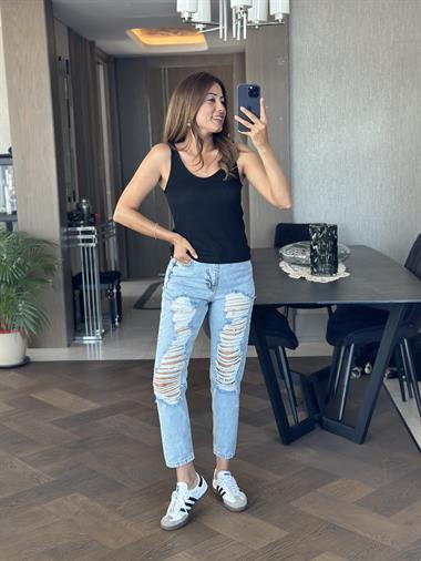 Siyah Ön Arka U Yaka Askılı Merserize Kadın Bluz