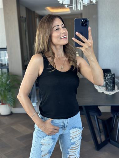 Siyah Ön Arka U Yaka Askılı Merserize Kadın Bluz