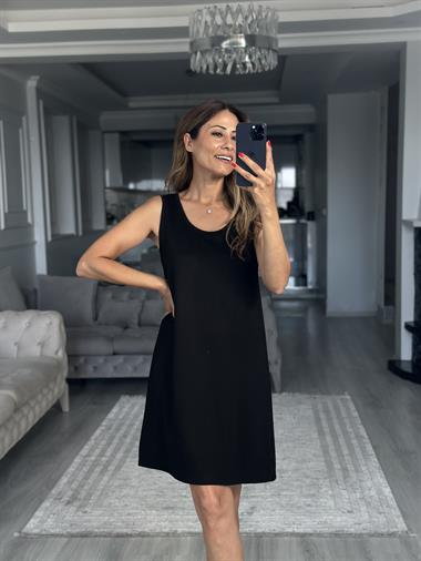 Siyah Ön Arka U Yaka  Basic Mini Kadın Elbise