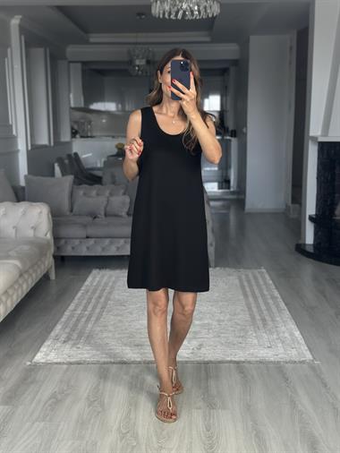 Siyah Ön Arka U Yaka  Basic Mini Kadın Elbise