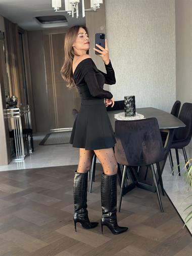 Siyah Ön Ve Arka Kruvaze Yaka Yanları Büzgülü Buzzy Kadın Bluz