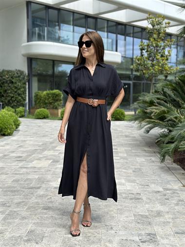 Siyah Ön Ve Arka Pileli Kısa Kol Kemerli Kadın Gömlek Elbise