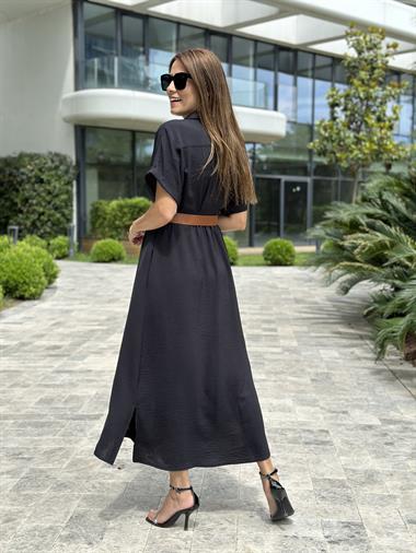 Siyah Ön Ve Arka Pileli Kısa Kol Kemerli Kadın Gömlek Elbise