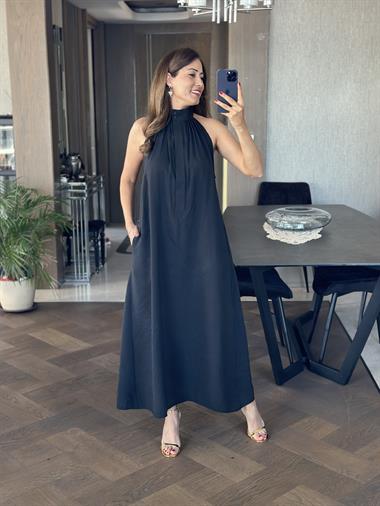 Siyah Ön Yakası İki Düğmeli Maksi Boy Masimo Tnsel Kadın Elbise