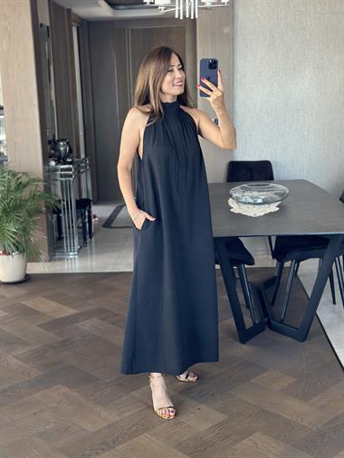 Siyah Ön Yakası İki Düğmeli Maksi Boy Masimo Tnsel Kadın Elbise