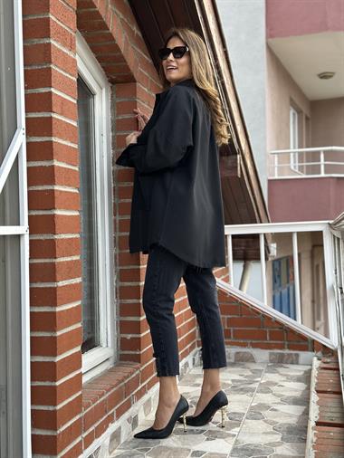 Siyah Önden Cepli Ham Keten Oversize Gömlek