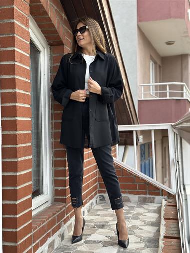 Siyah Önden Cepli Ham Keten Oversize Gömlek