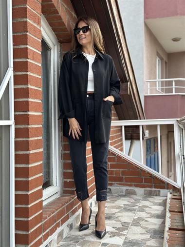 Siyah Önden Cepli Ham Keten Oversize Gömlek