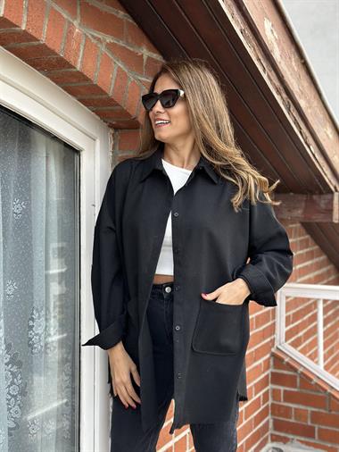 Siyah Önden Cepli Ham Keten Oversize Gömlek