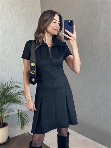 Siyah Önden Fermuarlı Kısa Kol Kadın Süet Elbise