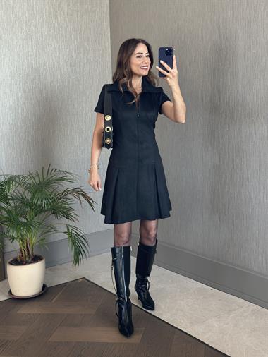 Siyah Önden Fermuarlı Kısa Kol Kadın Süet Elbise