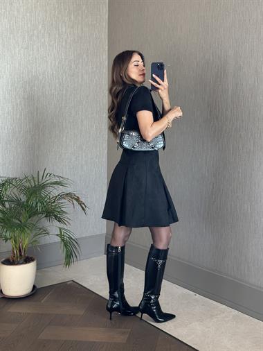 Siyah Önden Fermuarlı Kısa Kol Kadın Süet Elbise