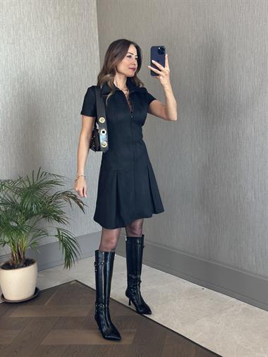 Siyah Önden Fermuarlı Kısa Kol Kadın Süet Elbise