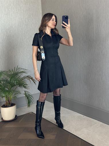Siyah Önden Fermuarlı Kısa Kol Kadın Süet Elbise