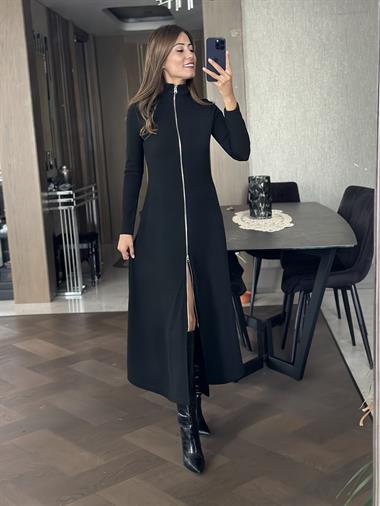 Siyah Önden Fermuarlı Maksi Boy Kadın Elbise