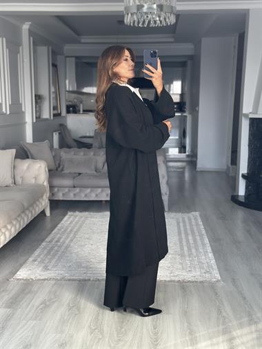 Siyah Önü Açık Şal Yaka Uzun Kadın Triko Hırka 