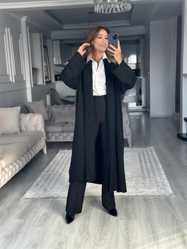 Siyah Önü Açık Şal Yaka Uzun Kadın Triko Hırka 