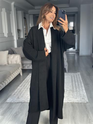 Siyah Önü Açık Şal Yaka Uzun Kadın Triko Hırka 