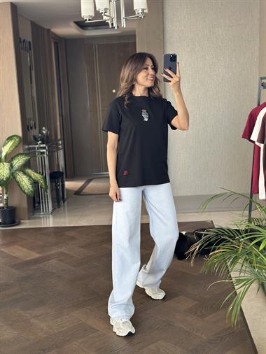 Siyah Önü Ayıcık RL Model Bisiklet Yaka Kadın T-Shirt