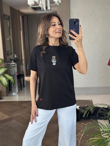 Siyah Önü Ayıcık RL Model Bisiklet Yaka Kadın T-Shirt