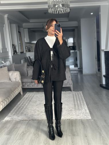 Siyah Önü Bağlamalı Kırçıllı Kaşe Kadın Ceket