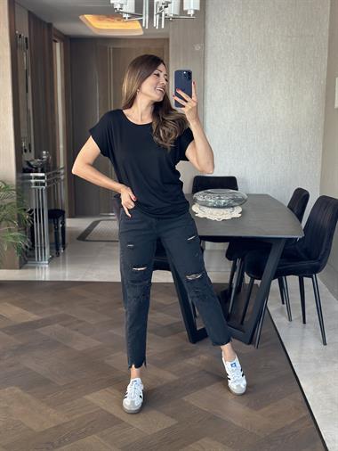 Siyah Önü Bisiklet Arkası V Yaka Kısa Yarasa Kol Kadın T-Shirt