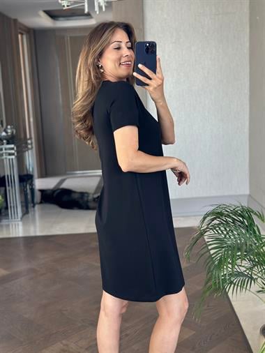 Siyah Önü Dikişli Kısa Kol Modal Kadın Mini Elbise