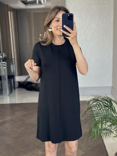 Siyah Önü Dikişli Kısa Kol Modal Kadın Mini Elbise