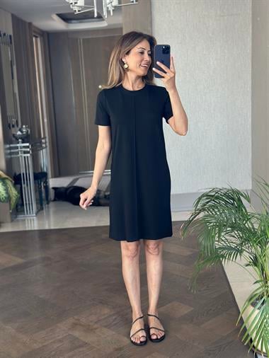 Siyah Önü Dikişli Kısa Kol Modal Kadın Mini Elbise