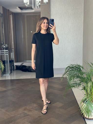 Siyah Önü Dikişli Kısa Kol Modal Kadın Mini Elbise