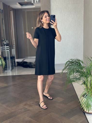 Siyah Önü Dikişli Kısa Kol Modal Kadın Mini Elbise