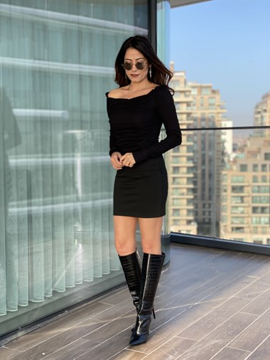 Siyah Önü Drapeli Uzun Kol Bluz