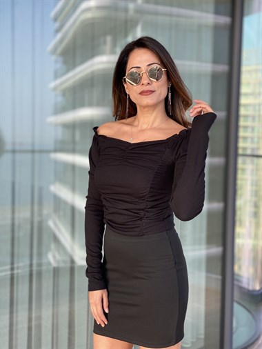 Siyah Önü Drapeli Uzun Kol Bluz