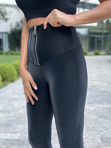 Siyah Önü Fermuarlı Yüksek Bel Kadife Görünümlü Kadın Tayt