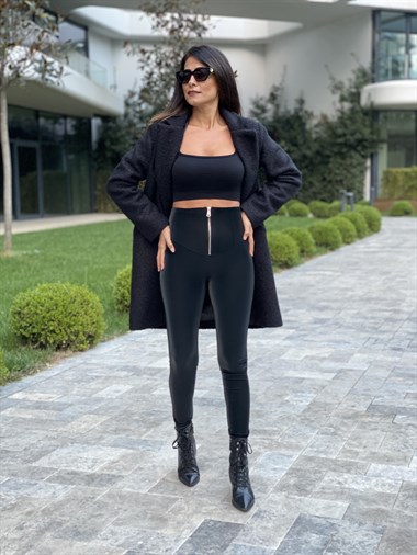 Siyah Önü Fermuarlı Yüksek Bel Kadife Görünümlü Kadın Tayt