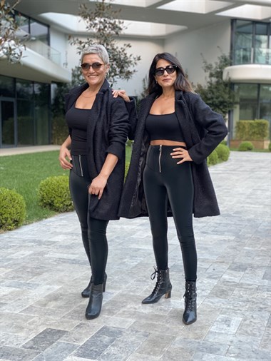 Siyah Önü Fermuarlı Yüksek Bel Kadife Görünümlü Kadın Tayt