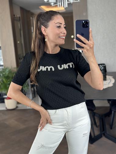 Siyah Önü İnci Taşlı Bisiklet Yaka Kısa Kol Kadın Triko Bluz