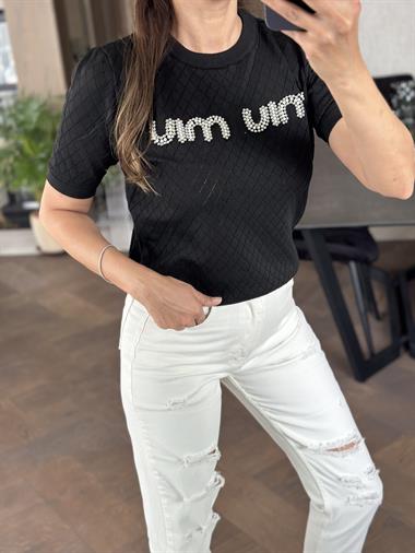 Siyah Önü İnci Taşlı Bisiklet Yaka Kısa Kol Kadın Triko Bluz