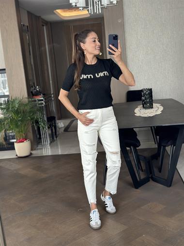 Siyah Önü İnci Taşlı Bisiklet Yaka Kısa Kol Kadın Triko Bluz