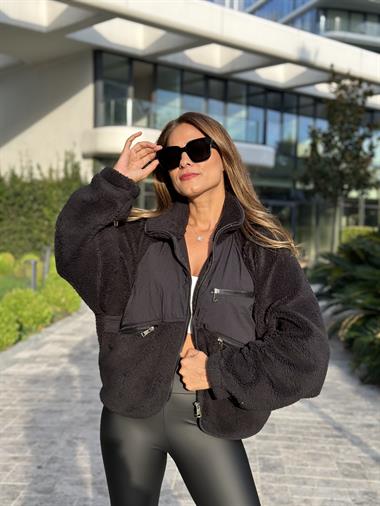 Siyah Önü Paraşüt Detay Peluş Kadın Sweatshirt