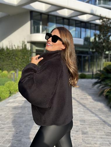 Siyah Önü Paraşüt Detay Peluş Kadın Sweatshirt